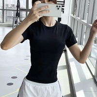Atasan Kebugaran Slim Wanita Lengan Pendek Model Crop Top Ketat Cepat Kering untuk Latihan Lari Olahraga Yoga Wanita