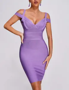 Nueva llegada de las mujeres elegantes del vendaje vestidos de cuello en V vestido de noche corto vestidos de fiesta Lila Bodycon Midi