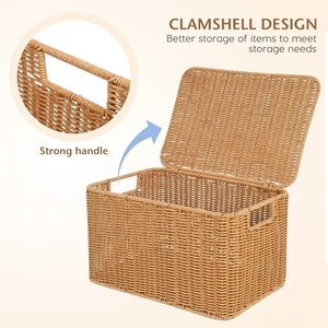 Caja Organizadora Rectangular de Plástico con Tapa, Imitación Ratán, para Baño, <span class=keywords><strong>Cesta</strong></span> de Almacenamiento Tejida con Borde y Asas Resistentes - Product Image 4