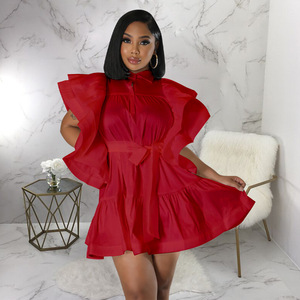 Mới Đến Mùa Hè Ăn Mặc Cho Phụ Nữ Rắn Màu V Cổ A-Line Cánh Hoa Tay Áo Satin Dresses Phụ Nữ Thanh Lịch Giản Dị Dresses - Product Image 2