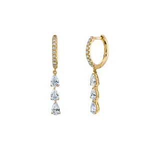 2022 NEW INS 925 Sterling Silver 3 Diamond Long Oval Pear Shapes Earrings Hoop Earrings For Women