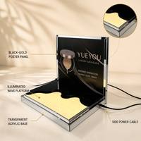 Support d'affichage cosmétique en acrylique LED personnalisable, design à bords ondulés, 3 emplacements fixes pour flacons, imprimé marbre noir et or