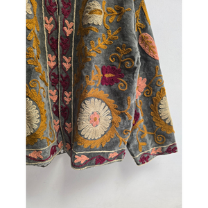 Charcoal Grey Velvet Floral <b>Embroidered</b> <b>Women</b>’s <b>Jacket</b> with Multicolor Botanical Motifs, Stand Collar Long Sleeve Designer - Product Image 3
