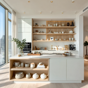 Armoires de <span class=keywords><strong>cuisine</strong></span> modernes scandinaves en chêne blanc VSME avec étagères ouvertes et îlot en <span class=keywords><strong>marbre</strong></span>, ensemble d'armoires modulaires - Product Image 5