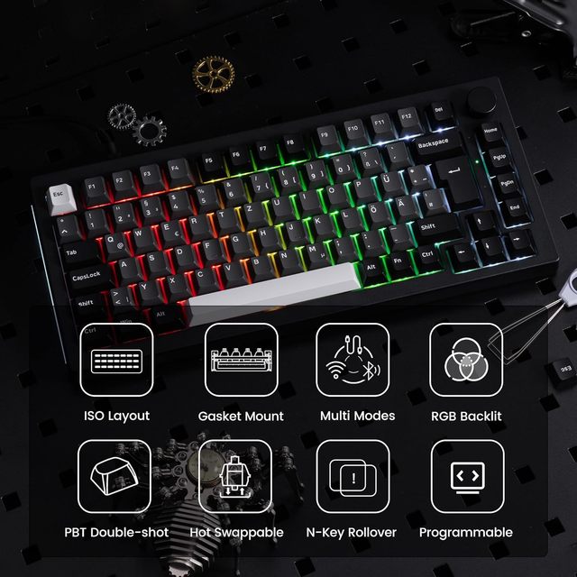 New 5075B Plus Desktop Mechanical Keyboard 75% ISO-Layout 3-Mode Gaming Hot Swappable Linear Switches PBT Keys RGB Plastic