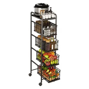 Keuken Metalen 4 Lagen Opbergmanden Houder Rack Wielen Fruit Groente Organisatoren Plank Keuken Opvouwbare Trolley Winkelwagen