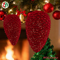 Boule de Noël artisanale vintage en plastique rouge avec paillettes et pompon en forme de cône de pin, ornement suspendu pour arbre de Noël, décoration de fête festive