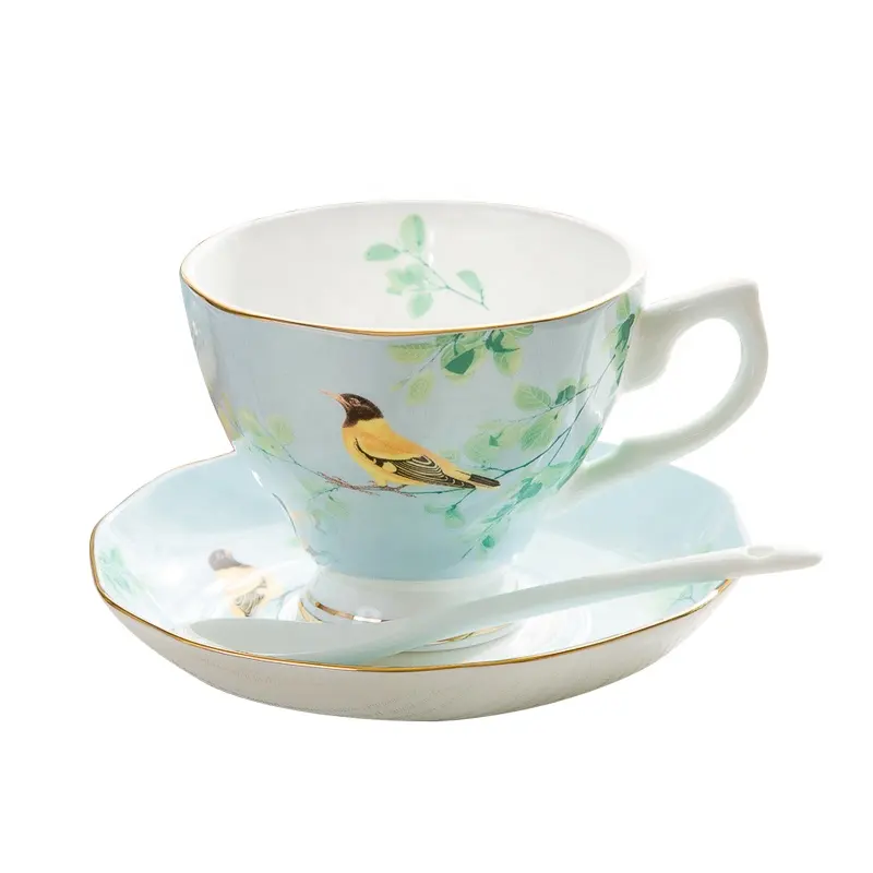 classic colorful bird decal bone china afternoon tea set coffee cup and saucer
