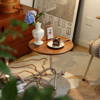 Table basse ronde antique en bois de chêne massif avec structure en acier inoxydable, petite table d'appoint pour salon, café, balcon