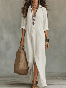 Vestido de Mujer para Primavera/Verano 2026, Estilo Europeo <span class=keywords><strong>y</strong></span> Americano, Color Sólido, Cuello con Abertura Frontal, <span class=keywords><strong>Falda</strong></span> Larga Informal Tipo <span class=keywords><strong>Camisa</strong></span> - Product Image 3