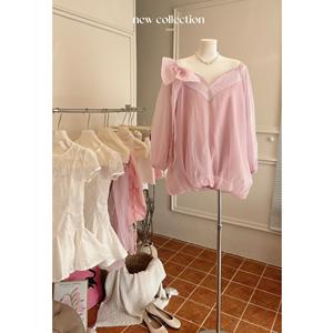 Robe décontractée rose OEM/ODM à col en V et manches bouffantes, avec nœud, 100 % polyester, taille ample - Product Image 1