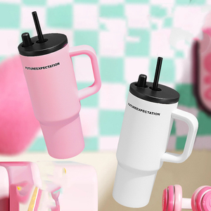 710ml Large <b>Handle</b> Tumbler Stainless Steel Vacuum Insulated Straw Cup Portable <b>Travel</b> Coffee Water <b>Mug</b> For Car Office Wholesale - Product Image 3