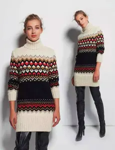 Sweater rajut wanita, mantel Turtleneck gaya panjang menengah, pullover rajut kasual desain gaya Rusia, gaun rajut Jacquard mode