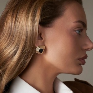 Geometric <b>Stud</b> <b>Earrings</b> With <b>Black</b> Stone Bezel Setting For Women Party Fashion Jewelry Silver And Gold Tone - Product Image 2