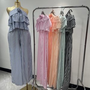 Robe d'été 2026 nouvelle mode rayée à col suspendu pour <span class=keywords><strong>femme</strong></span>, robe sans manches à volants au dos en tissu respirant - Product Image 1