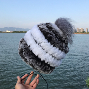 Mũ mùa đông của phụ nữ với lông thỏ thật Rex và LÔNG CÁO Bạc pompoms mũ dệt kim với quả bóng lông cho các bữa tiệc và câu cá - Product Image 4
