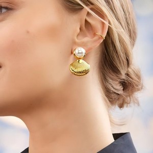 Ensemble collier et boucles d'oreilles en forme de coquillage, acier inoxydable plaqué or 18 carats, bijoux de mode pour femmes, style océan - Product Image 3