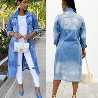 S-3XL 2022 Nouvelle Vente Chaude Femmes Vêtements Bleu Denim Bouton Déchiré Long Dames Jean Veste Manteau