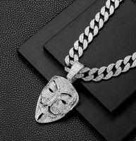 Collier pendentif masque en strass dorés audacieux avec chaîne cubaine entièrement pavée pour homme, bijoux de mode Hip Hop Streetwear
