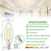 Ampoule à filament de verre C35 à succès transfrontalier, douille E12, 2W 4W, lumière chaude pour éclairage LED d'hôtel, dimmable et certifiée