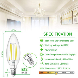 <span class=keywords><strong>Ampoule</strong></span> à filament de verre C35 à succès transfrontalier, douille E12, 2W 4W, lumière chaude pour éclairage LED d'hôtel, dimmable et certifiée - Product Image 3