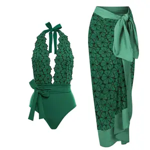2023 New Women Floral Printed Retro Swimsuit&Skirt Holiday Chiffon Beach Dress Green Vintage Beachwear Designer Bathing Suits