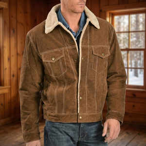 Men's Brown <b>Suede</b> <b>Leather</b> <b>Jacket</b> With Sherpa Lining Turn-down Collar Workwear Style Winter Windproof Thick Regular Fit - Product Image 3