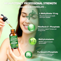 15mg Methylfolate Liquide en Gouttes Methyl B12 Actif 5-MTHF Complexe B B2 Riboflavine B6 MTHFR Complément de Soutien OEMODM