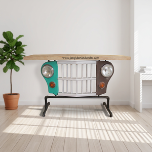 Table console de salon industrielle vintage recyclée avec plateau en bois inspiré des meubles automobiles look jeep - Product Image 6