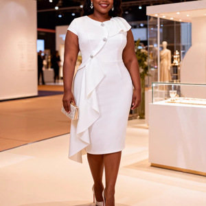 Abito da donna <span class=keywords><strong>taglie</strong></span> <span class=keywords><strong>forti</strong></span> con orlo asimmetrico bianco arricciato e bottoni con strass, gonna a media lunghezza alla moda per - Product Image 1