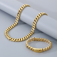 Ensemble de bijoux pour homme en acier inoxydable poli 12 mm, style hip-hop minimaliste, comprenant un collier à maillons cubains et un bracelet moulé unique, vente en gros