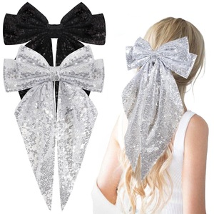 Glitter Sequins Fabric <b>Bow</b> Spring Hair <b>Clip</b> Long Tail Mesh Ribbon Barrette For Xmas Festival Evening Party Hair Decor - Product Image 4