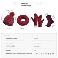 Ensemble 3 pièces de haute qualité : écharpe courte, cache-cou, gants tactiles, bonnet côtelé uni réglable pour femme - Hiver