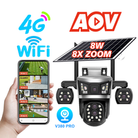 Caméra de sécurité solaire V380PRO à quatre objectifs 4G WiFi PTZ 8W avec zoom 8X, IP66, AOV, veille 355°, panoramique 90°, surveillance