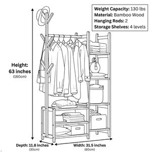Porte-vêtements SENYU en bambou, étagère de rangement pour chambre à coucher, organisateur de vêtements, porte-chapeaux, armoire avec 6 crochets - Product Image 2