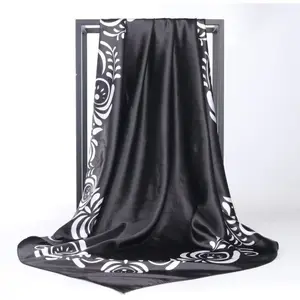 Hot Sale 90cm Middle East Dubai Arabia Printed Black and White Silk Scarf Large Square Satin Scarf Fashion Hair Band for Women