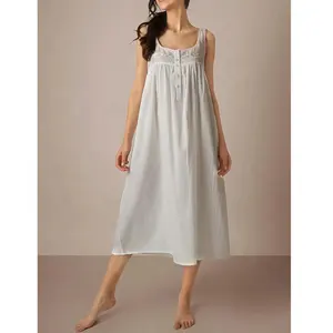 Custom Cotton Pajamas Dresses Women With Embroidery Loose Full Long Night Gown Dresses For Woman