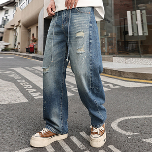 OEM Custom <strong>Mens</strong> <strong>Baggy</strong> <strong>Jeans</strong> Wide Leg Washed Blue Denim Pants Contrast Panel Distressed Streetwear Y2K - Product Image 3