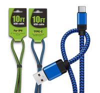 Kabel USB a ke USB C Pengisian Cepat 2A Kecepatan Tinggi, Tembaga Murni, Jalinan Nilon 10FT Tipe-C untuk Ponsel, Sinkronisasi Data Kecepatan Tinggi