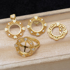 S925 <b>Silver</b> Vintage Marble <b>Set</b> Empty Pendant <b>Ring</b> Holder for 11.1-11.3mm Pearls DIY Jewelry Accessory 6103 - Product Image 1