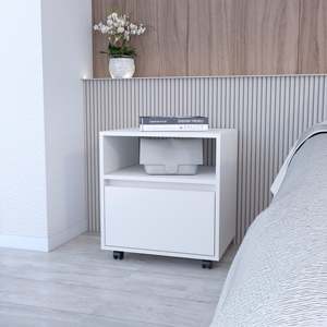 White 1-Drawer Nightstand With <b>Open</b> Shelf And Wheels For Bedroom <b>Storage</b> - Product Image 1