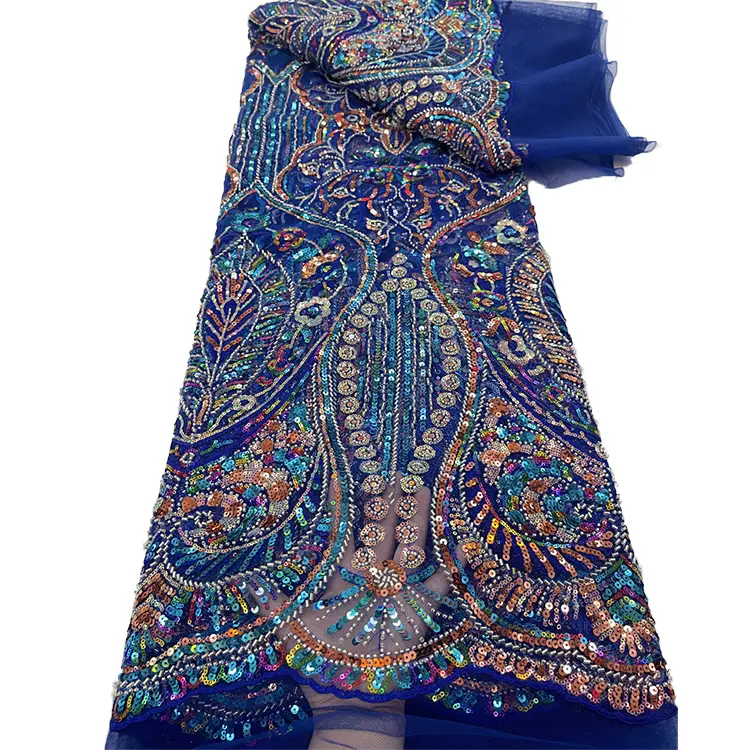 Tissu de dentelle nigériane bleu Royal, tissu de broderie de perles à paillettes colorées