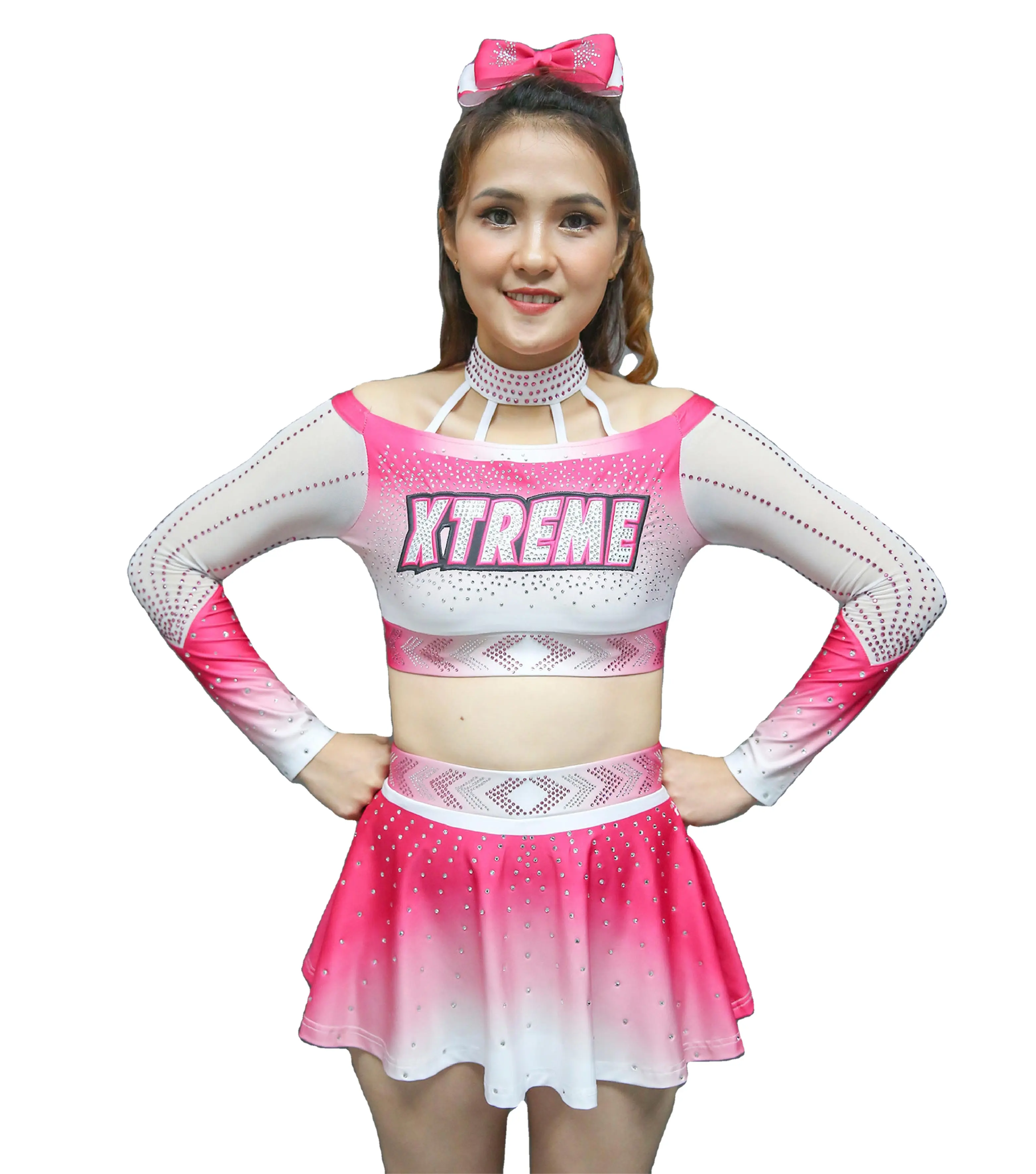 OEM Free Design Sublimation Mystique mesh Fabric pink Cheerleading Uniforms With AB Crystal Youth Cheer Team Outfit Floaty Skirt