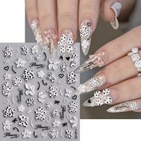 Autocollants pour ongles 5D en relief, motif fleur noire et blanche, nœud, fleur blanche, pois, feuille, décorations auto-adhésives pour nail art