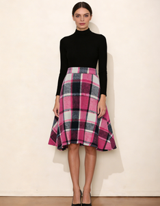 Women's Natural Waist Plus Size Magenta Checkered Casual Ruffles <b>Knee</b>-<b>Length</b> <b>A</b>-<b>Line</b> Flared Swing <b>Skirt</b> for Winter - Product Image 5