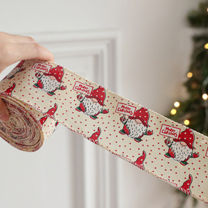 LINGKAI Vintage Santa Claus Gnome Dwarf Printed Eco-Friendly Merry Christmas Satin <b>Wire</b> <b>Ribbon</b> Tree Bow DIY Craft Holiday Decor - Product Image 3