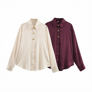 Nouvelle Collection Printemps – Chemise Décontractée en Satin Texturé à Boutons et Col Revers, Style Simple et Tendance pour l'Été (Polyester) - Product Image 1