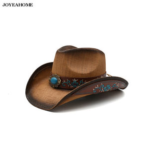 หมวกคาวบอยสีน้ำตาลตะวันตกอเมริกาความแข็งสูงกระดาษฟางป้องกันแสงแดดสำหรับกลางแจ้งหมวกคาวบอยปักลายชายหาดสำหรับปาร์ตี้ - Product Image 4