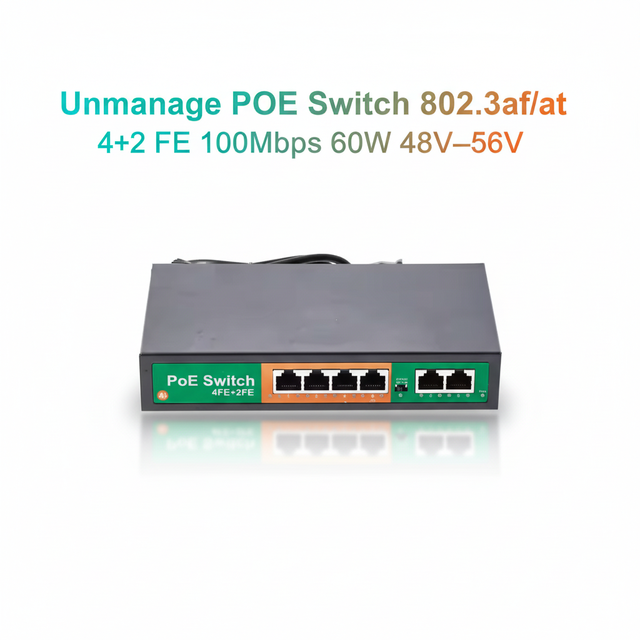 Unmanage POE Switch 4+2 FE 100Mbps 60W 48V-56V IEEE802.3af/at for Security IP Cameras Power & Data Integrated CE FCC