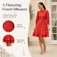 Robe de créateur de mode, robe rouge soleil, silhouette française, taille définie, ourlet à double volant, robe midi élégante d'été pour femmes